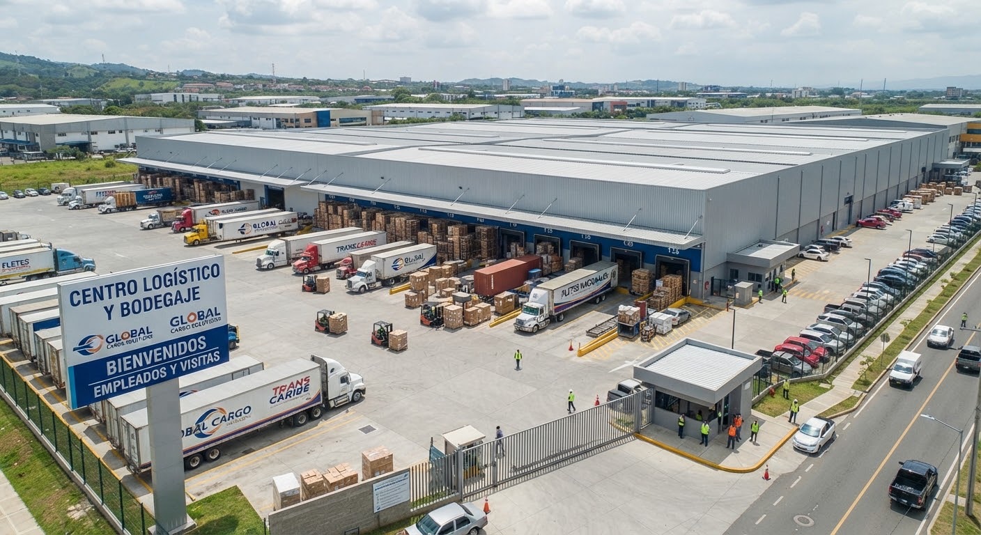 Aerial view of a logistics hub with a container yard and warehouses