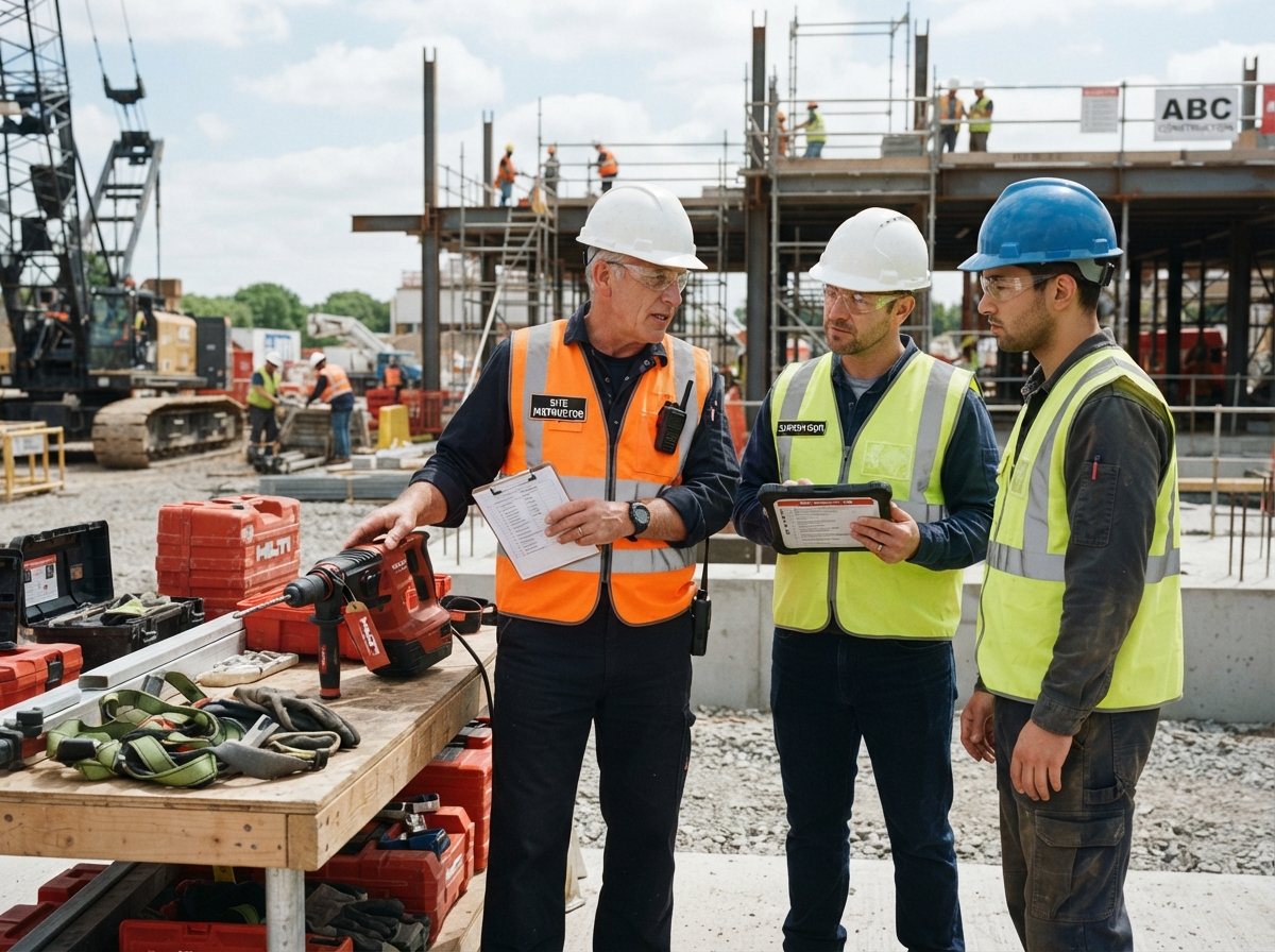 Supervisor handing a rotary hammer to a crew on site, logged on a tablet