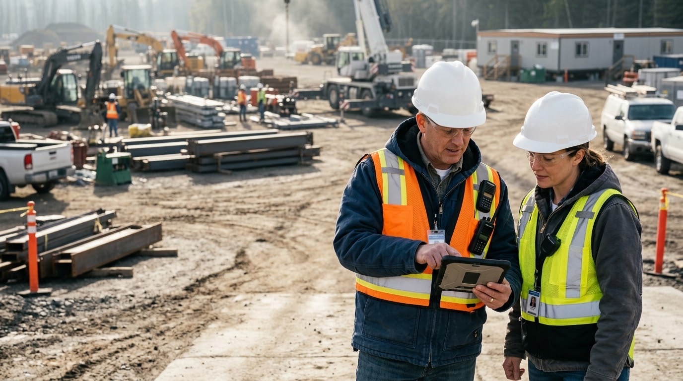 Supervisors in hard hats reviewing asset tracking on a tablet at the job site