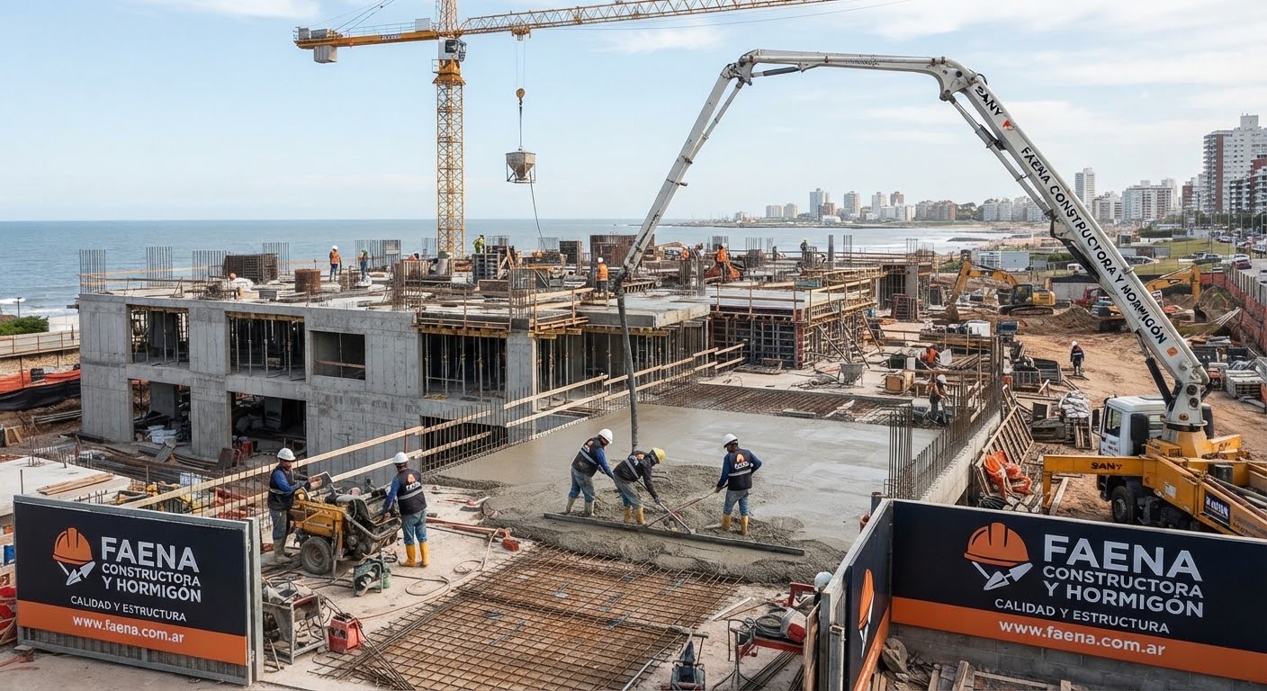 Construction site with a tower crane and a crew pouring concrete