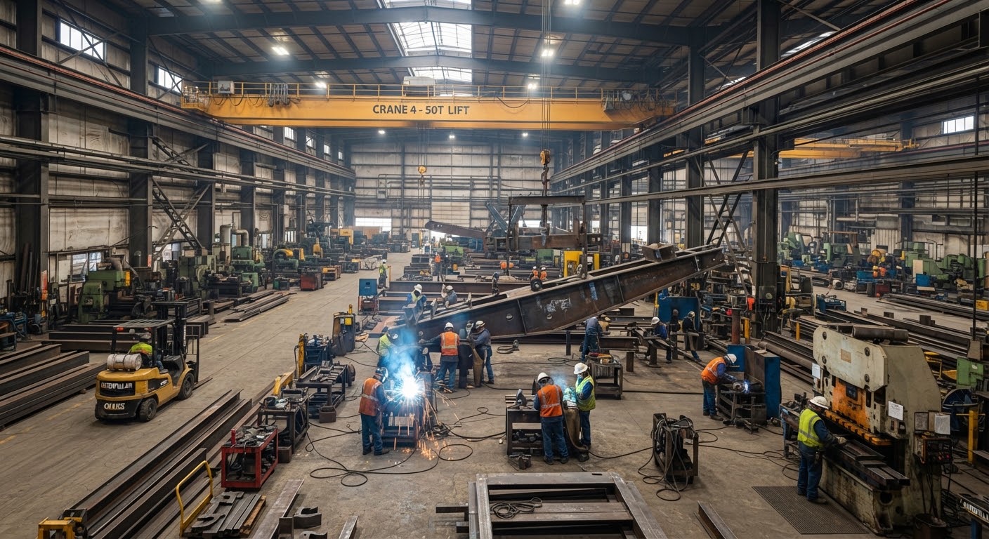 Heavy manufacturing plant with workers welding