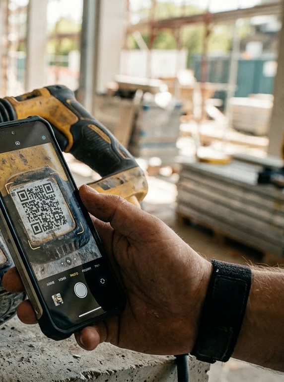 Worker scanning a rotary hammer's QR tag with a phone on a job site