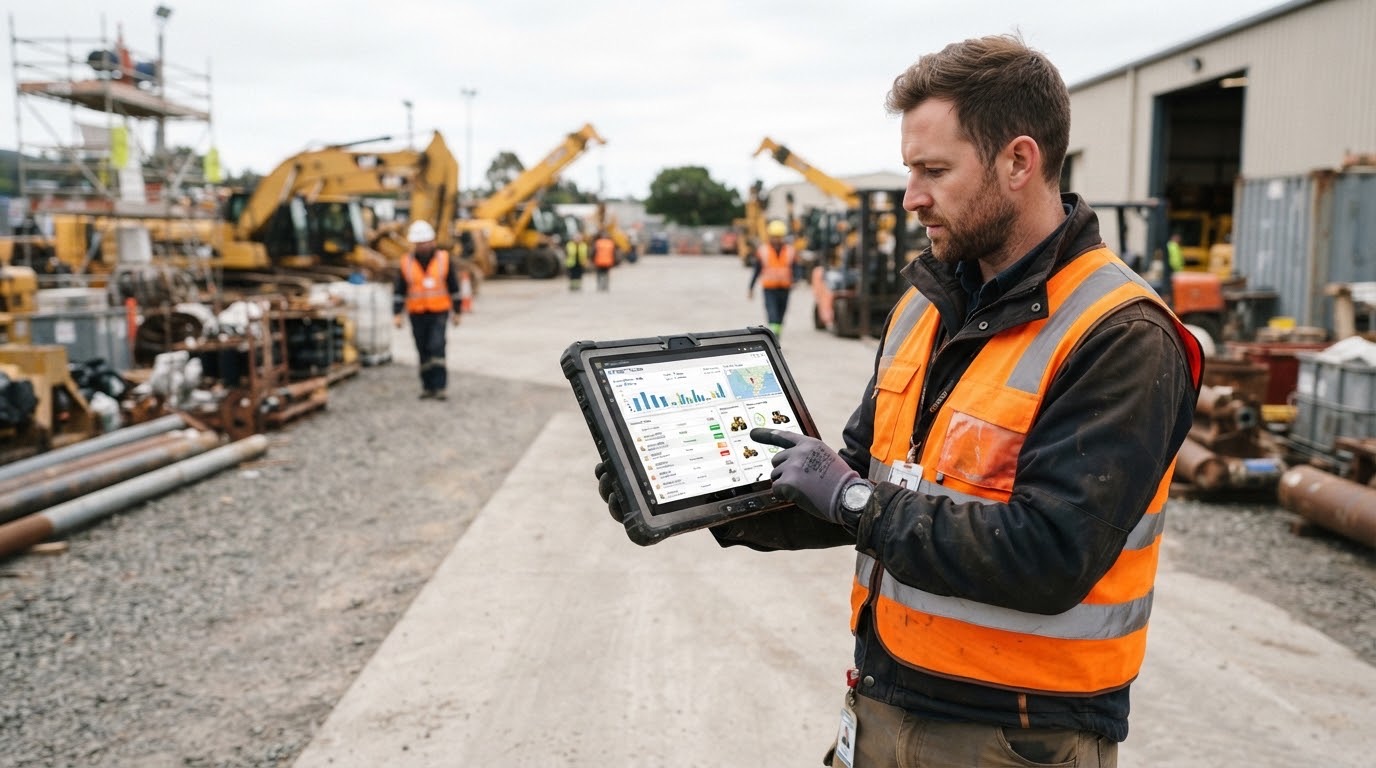 Supervisor reviewing the OPIW asset dashboard on a tablet in the equipment yard